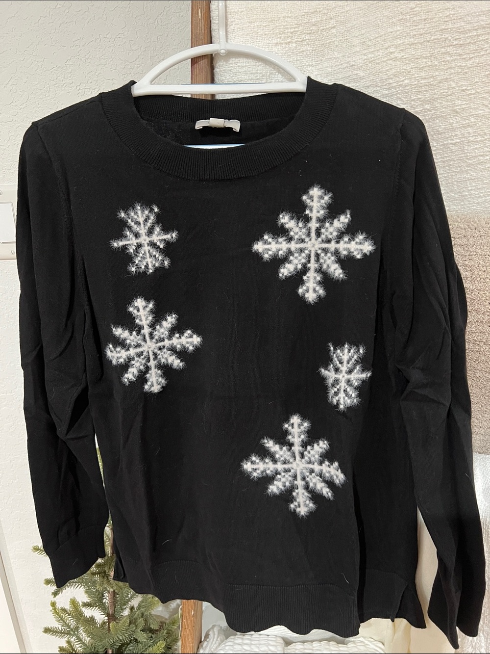 LOFT Black Crewneck Sweater with White Snowflake Motifs